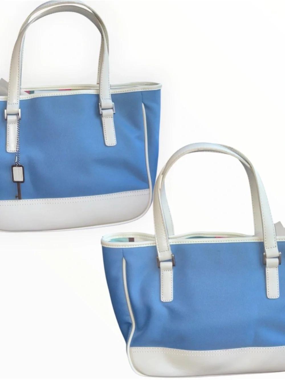 Vintage Fossil Canvas Satchel Blue & White Top Handle Handbag